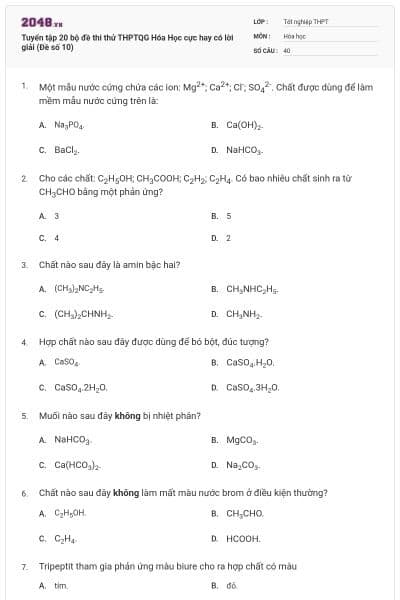 Tuyển tập 20 bộ đề thi thử THPTQG Hóa Học cực hay có lời giải (Đề số 10)