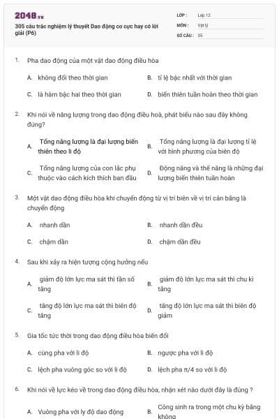 305 câu trắc nghiệm lý thuyết Dao động cơ cực hay có lời giải (P6)
