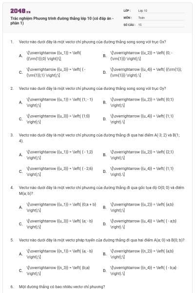 Trắc nghiệm Phương trình đường thẳng lớp 10 (có đáp án - phần 1)