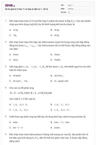Đề thi giữa kì 2 Hóa 11 có đáp án (Bài số 1 - Đề 3)