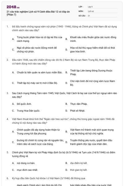 21 câu trắc nghiệm Lịch sử 9 Cánh diều Bài 12 có đáp án (Phần 7)