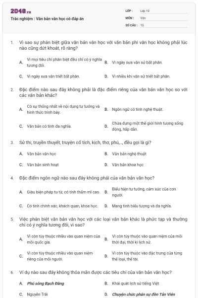 Trắc nghiệm : Văn bản văn học có đáp án