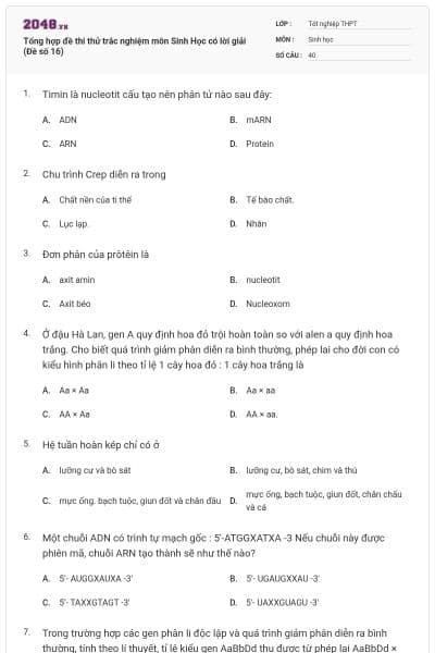 Tổng hợp đề thi thử trắc nghiệm môn Sinh Học có lời giải (Đề số 16)