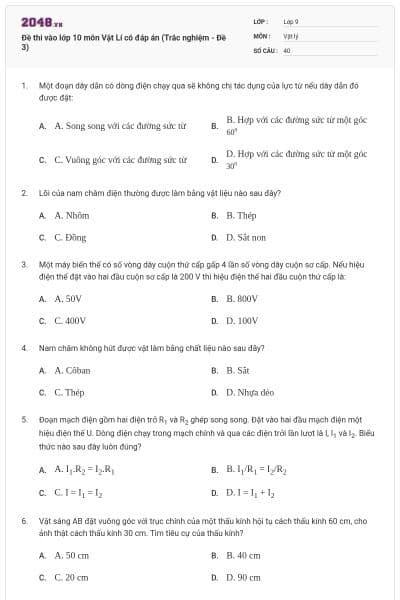 Đề thi vào lớp 10 môn Vật Lí có đáp án (Trắc nghiệm - Đề 3)
