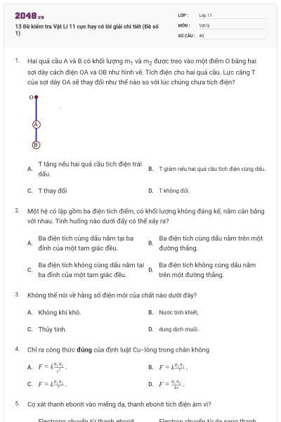 13 Đề kiểm tra Vật Lí 11 cực hay có lời giải chi tiết (Đề số 1)