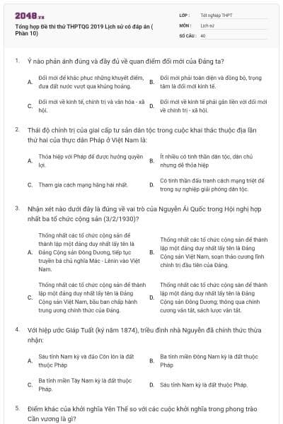Tổng hợp Đề thi thử THPTQG 2019 Lịch sử có đáp án ( Phần 10)