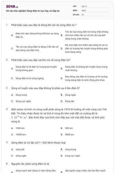 20 câu trắc nghiệm Sóng điện từ cực hay, có đáp án