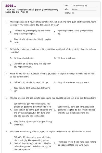 1000+ câu Trắc nghiệm Luật và quy tắc giao thông đường bộ (có đáp án) - Phần 10