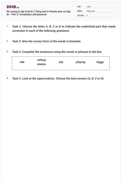 Đề cương ôn tập Cuối kì 2 Tiếng Anh 6 Friends plus có đáp án - Part 2: Vocabulary and grammar