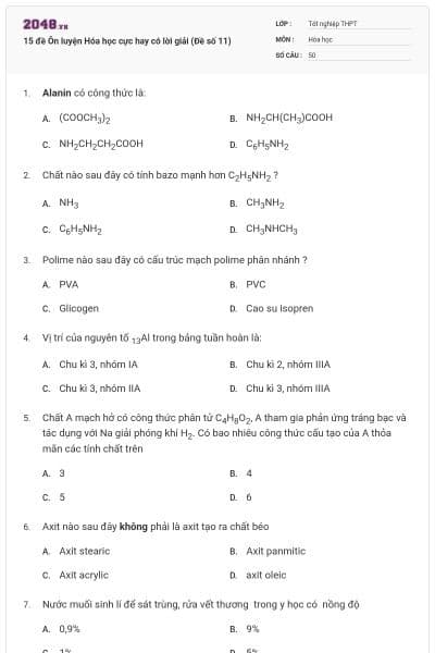 15 đề Ôn luyện Hóa học cực hay có lời giải (Đề số 11)