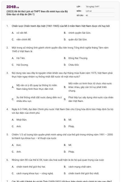 (2023) Đề thi thử Lịch sử THPT theo đề minh họa của Bộ Giáo dục có đáp án (Đề 1)