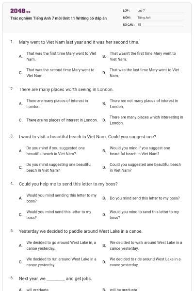 Trắc nghiệm Tiếng Anh 7 mới Unit 11 Writing có đáp án