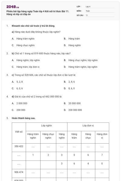 Phiếu bài tập hàng ngày Toán lớp 4 Kết nối tri thức Bài 11. Hàng và lớp có đáp án