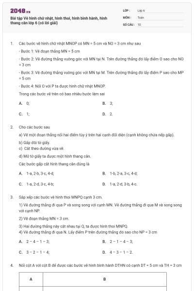 Bài tập Vẽ hình chữ nhật, hình thoi, hình bình hành, hình thang cân lớp 6 (có lời giải)