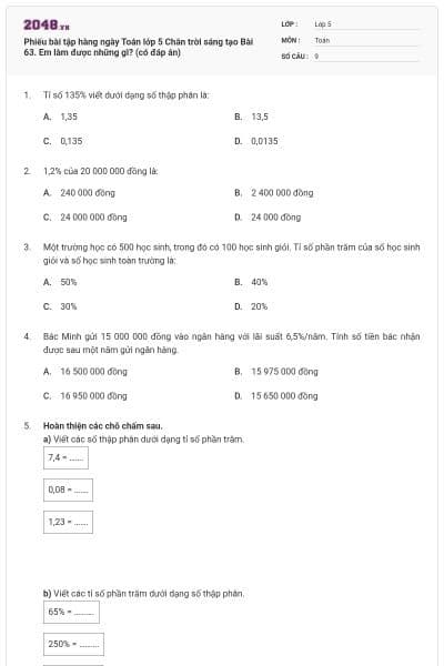 Phiếu bài tập hàng ngày Toán lớp 5 Chân trời sáng tạo Bài 63. Em làm được những gì? (có đáp án)