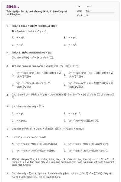 Trắc nghiệm Bài tập cuối chương IX lớp 11 (có đúng sai, trả lời ngắn)