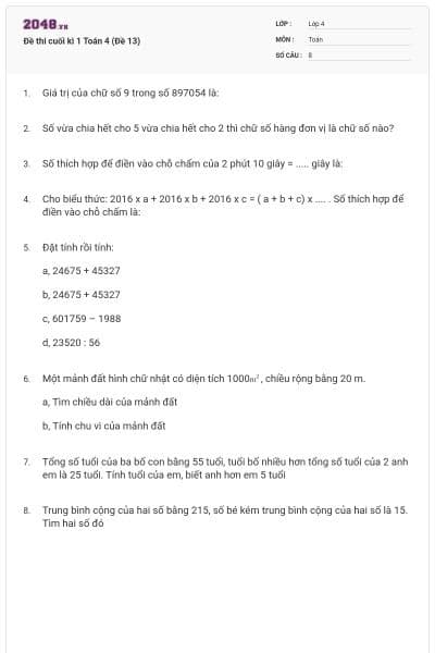 Đề thi cuối kì 1 Toán 4 (Đề 13)