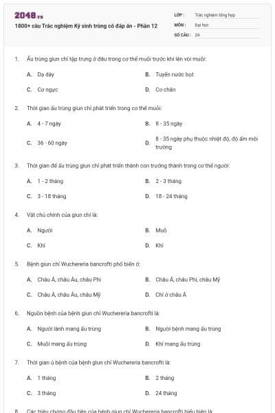 1800+ câu Trắc nghiệm Ký sinh trùng có đáp án - Phần 12
