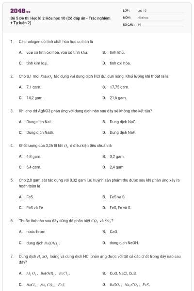 Bộ 5  Đề thi Học kì 2 Hóa học 10 (Có đáp án - Trắc nghiệm + Tự luận 2)
