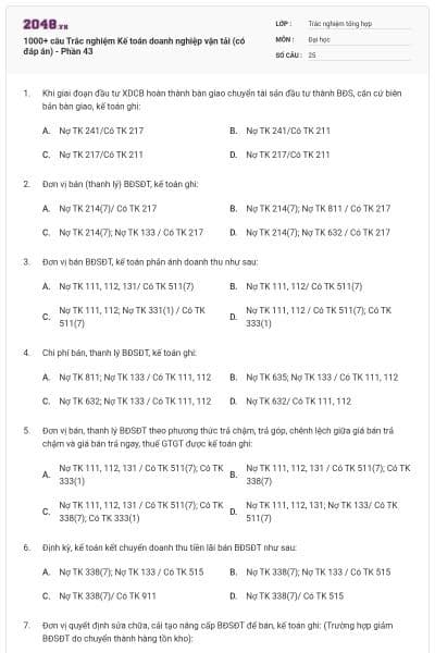 1000+ câu Trắc nghiệm Kế toán doanh nghiệp vận tải (có đáp án) - Phần 43