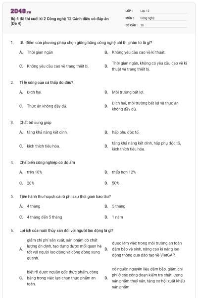 Bộ 4 đề thi cuối kì 2 Công nghệ 12 Cánh diều có đáp án (Đề 4)