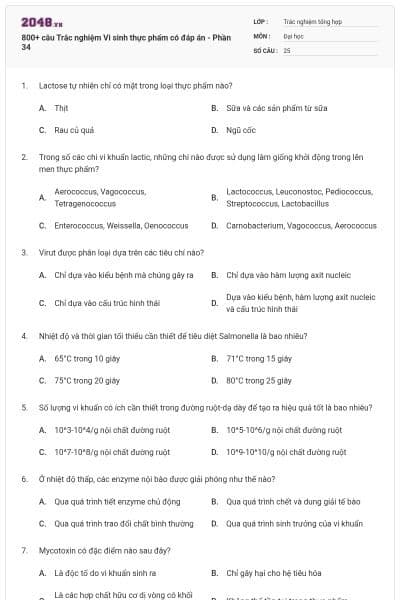 800+ câu Trắc nghiệm Vi sinh thực phẩm có đáp án - Phần 34