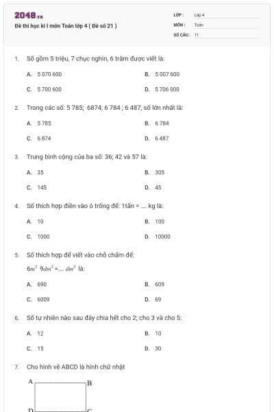 Đề thi học kì I môn Toán lớp 4 ( Đề số 21 )