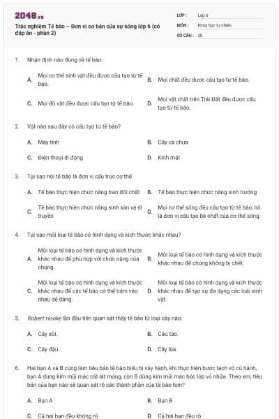 Trắc nghiệm Tế bào – Đơn vị cơ bản của sự sống lớp 6 (có đáp án - phần 2)