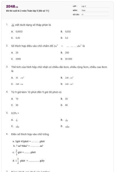 Đề thi cuối kì 2 môn Toán lớp 5 (Đề số 11)