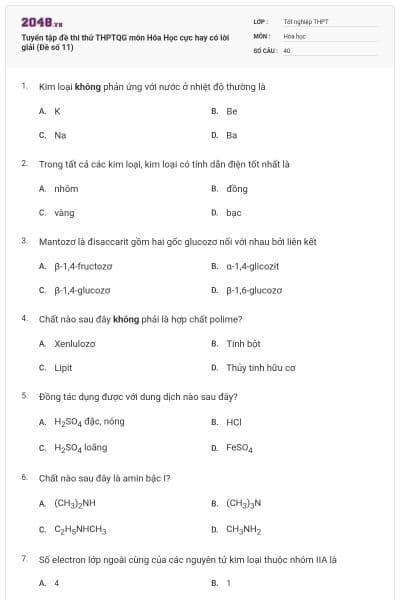 Tuyển tập đề thi thử THPTQG môn Hóa Học cực hay có lời giải (Đề số 11)