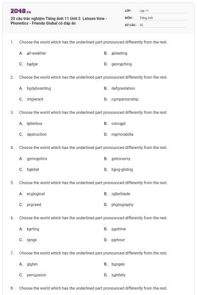 20 câu trắc nghiệm Tiếng Anh 11 Unit 2. Leisure time - Phonetics - Friends Global có đáp án