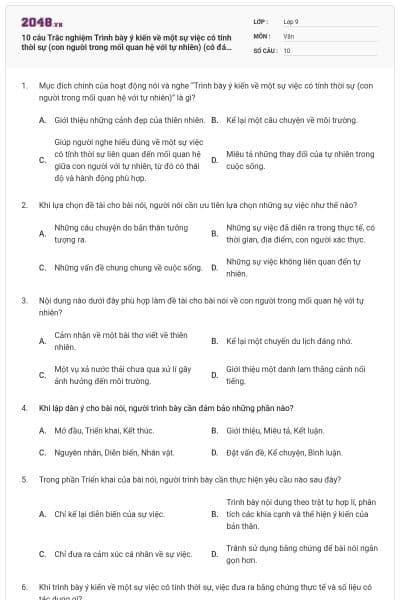 10 câu Trắc nghiệm Trình bày ý kiến về một sự việc có tính thời sự (con người trong mối quan hệ với tự nhiên) (có đáp án)