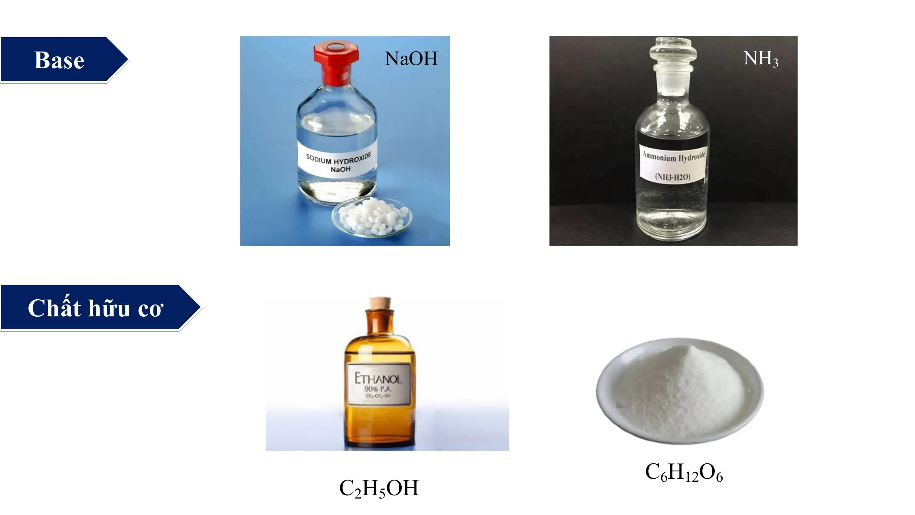 Base NaOH NH3

Chất hữu cơ

 C6H12O6
 C2H5OH