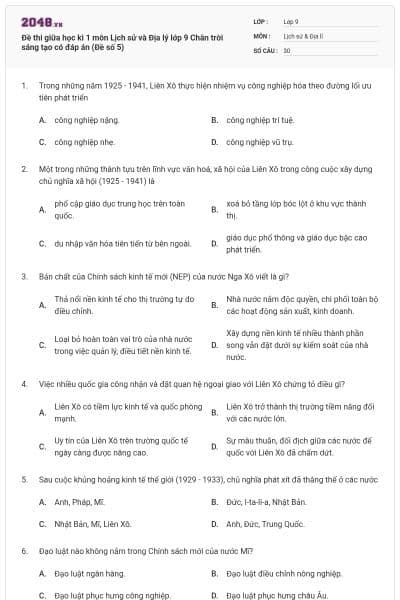 Đề thi giữa học kì 1 môn Lịch sử và Địa lý lớp 9 Chân trời sáng tạo có đáp án (Đề số 5)