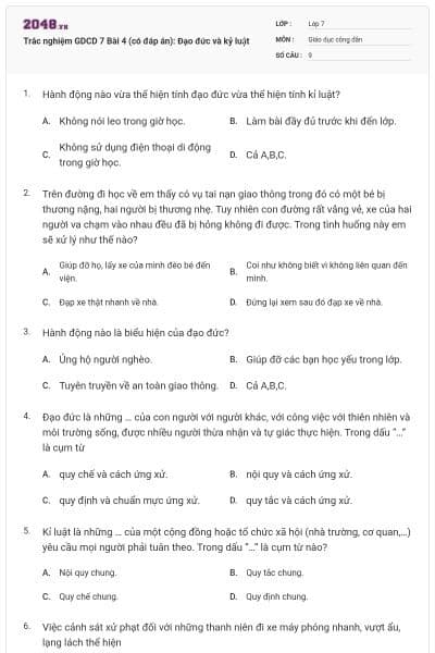 Trắc nghiệm GDCD 7 Bài 4 (có đáp án): Đạo đức và kỷ luật