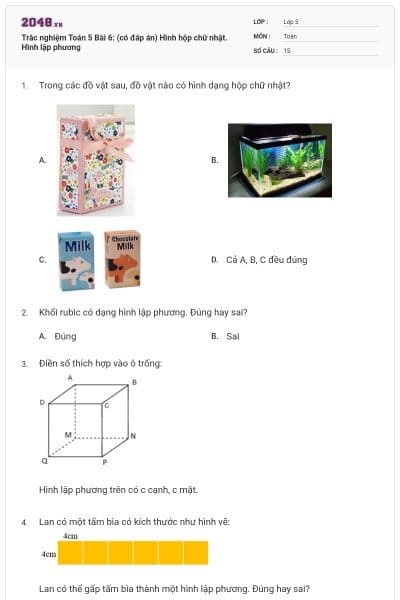 Trắc nghiệm Toán 5 Bài 6: (có đáp án) Hình hộp chữ nhật. Hình lập phương