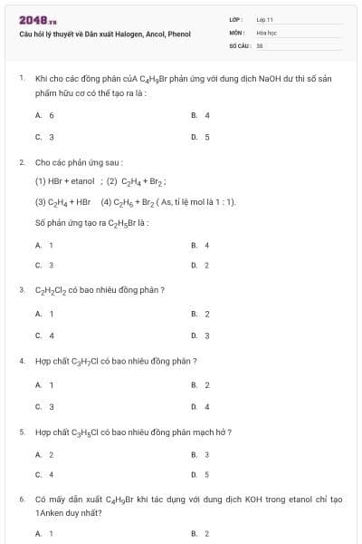 Câu hỏi lý thuyết về Dẫn xuất Halogen, Ancol, Phenol