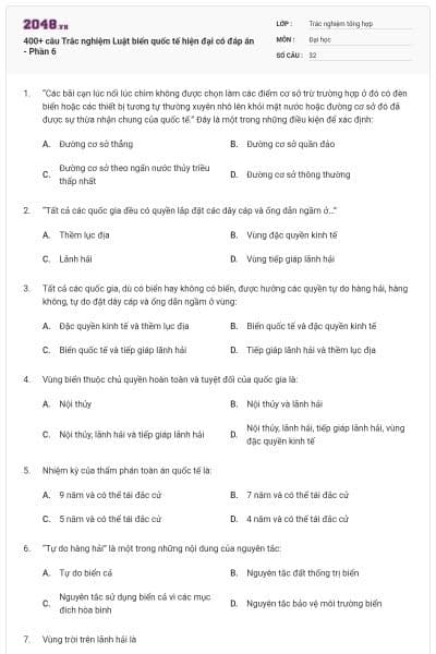 400+ câu Trắc nghiệm Luật biển quốc tế hiện đại có đáp án  - Phần 6