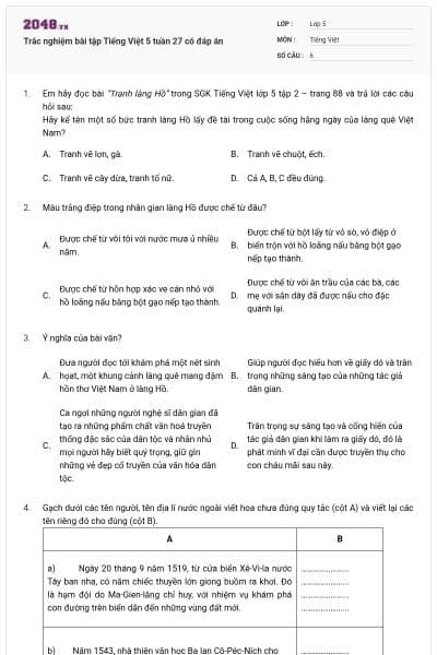 Trắc nghiệm bài tập Tiếng Việt 5 tuần 27 có đáp án