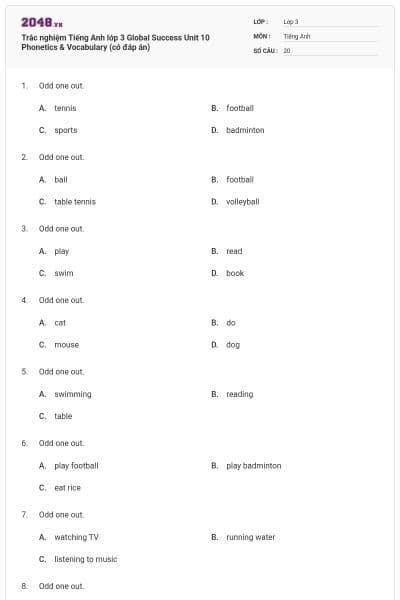 Trắc nghiệm Tiếng Anh lớp 3 Global Success Unit 10 Phonetics & Vocabulary (có đáp án)