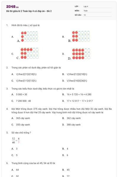 Đề thi giữa kì 2 Toán lớp 4 có đáp án - Đề 2