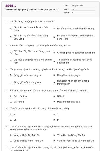 20 Đề thi thử thpt quốc gia môn Địa lí có đáp án (Đề số 21)