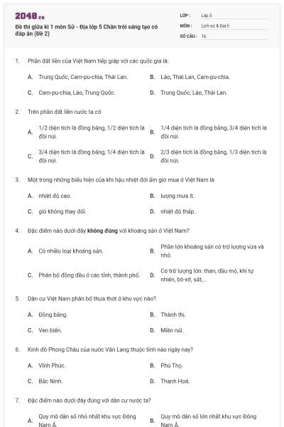 Đề thi giữa kì 1 môn Sử - Địa lớp 5 Chân trời sáng tạo có đáp án (Đề 2)