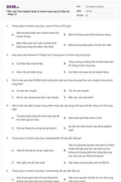 700+ câu Trắc nghiệm Quản lý chuỗi cung ứng (có đáp án) - Phần 21