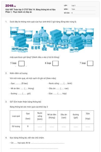 Giải VBT Toán lớp 3 CTST Bài 19. Bảng thống kê số liệu Phần 1. Thực hành có đáp án