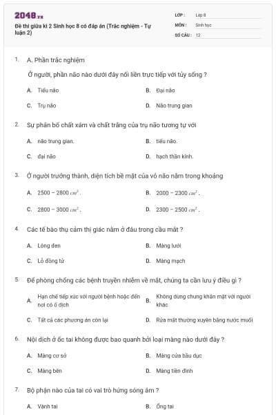 Đề thi giữa kì 2 Sinh học 8 có đáp án (Trắc nghiệm - Tự luận 2)