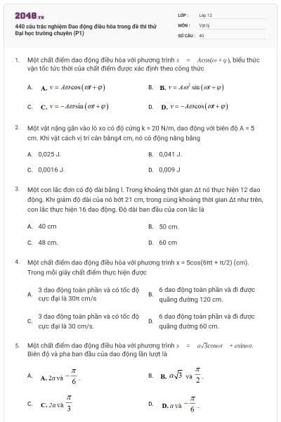 440 câu trắc nghiệm Dao động điều hòa trong đề thi thử Đại học trường chuyên (P1)