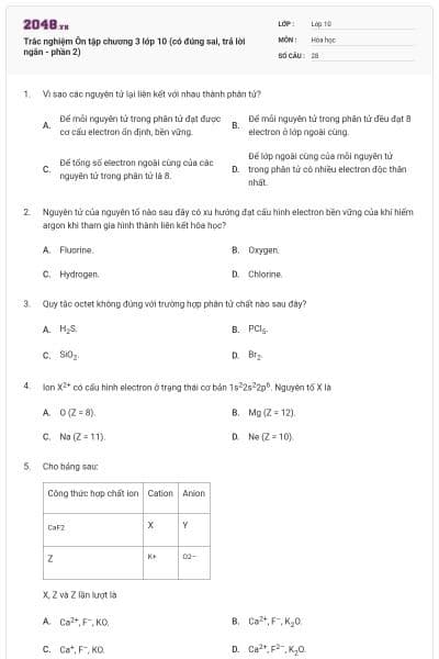 Trắc nghiệm Ôn tập chương 3 lớp 10 (có đúng sai, trả lời ngắn - phần 2)