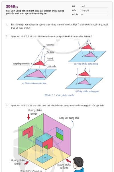 Giải SGK Công nghệ 8 Cánh diều Bài 2: Hình chiếu vuông góc của khối hình học cơ bản có đáp án