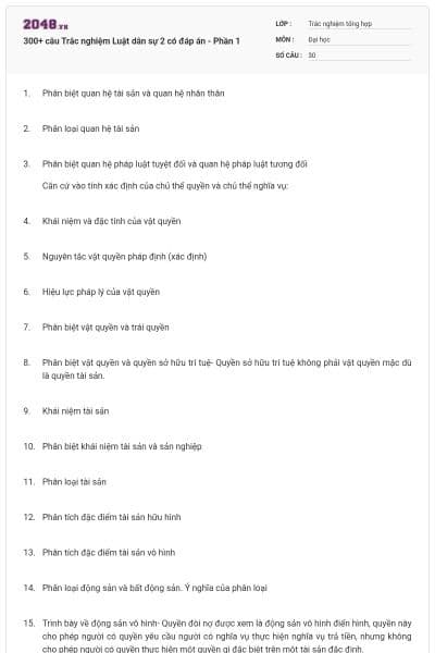 300+ câu Trắc nghiệm Luật dân sự 2 có đáp án - Phần 1
